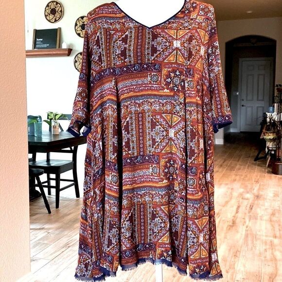 Anthropologie Holding Horses V Neck Mini Dress Aztec Boho Short Sleeves S Artsy - Picture 1 of 11